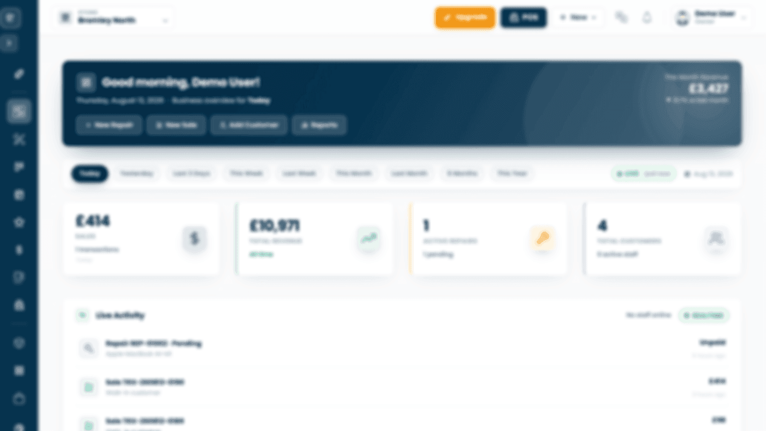 The management system dashboard, showing sales, revenue, active repairs and live activity